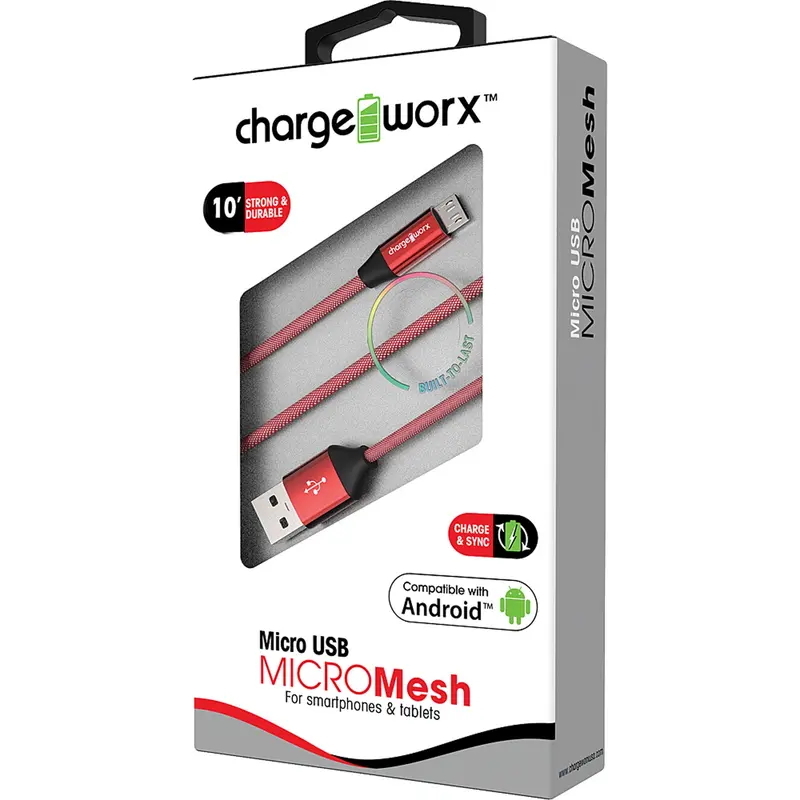 "Micro" Mesh 10Ft Micro Usb  Sync & Charge Cable, Red 1