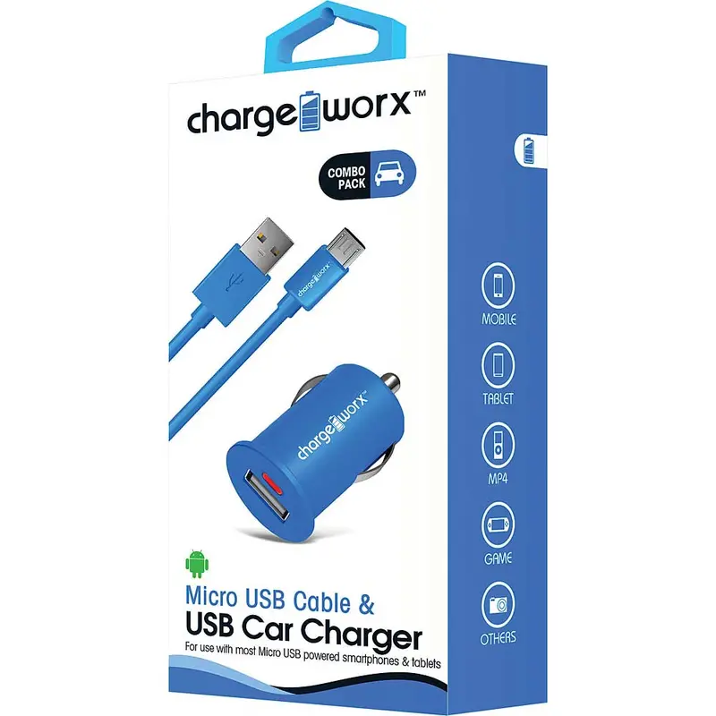 Micro Usb Sync Cable & Usb Car Charger, Blue 1