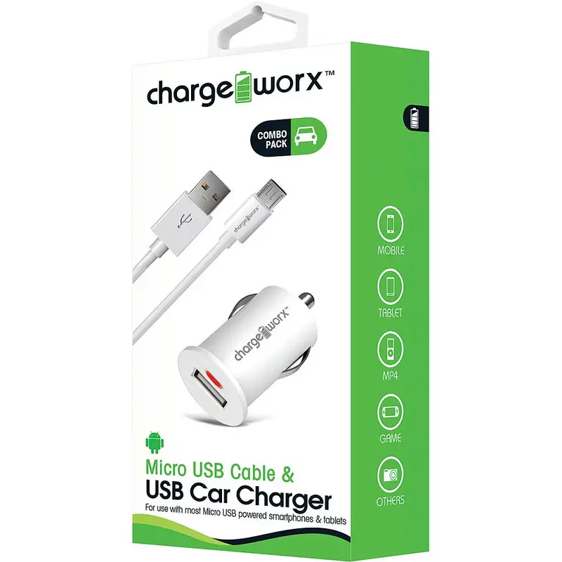 Micro Usb Sync Cable & Usb Car Charger, White 1