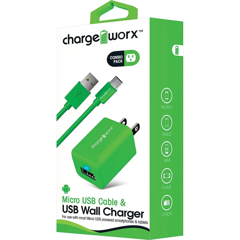 Micro Usb Sync Cable & Usb Wall Charger, Green 1
