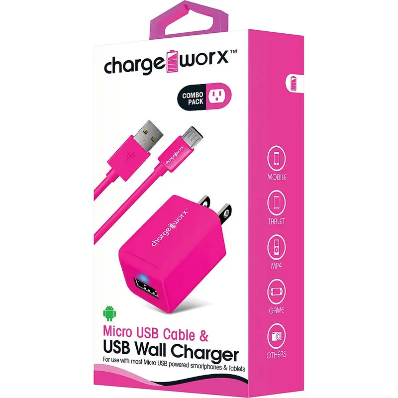Micro Usb Sync Cable & Usb Wall Charger, Pink 1