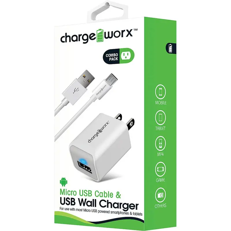 Micro Usb Sync Cable & Usb Wall Charger, White 1
