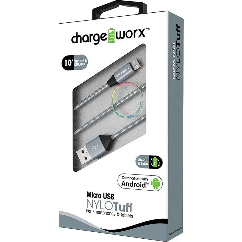 "Nylo" Tuff 10Ft Micro Usb  Sync & Charge Cable, Silver 1