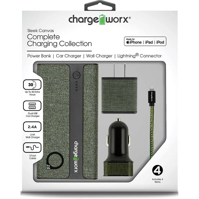 Sleek Canvas Complete Charging Collection W/Lightning Cable, Green 1