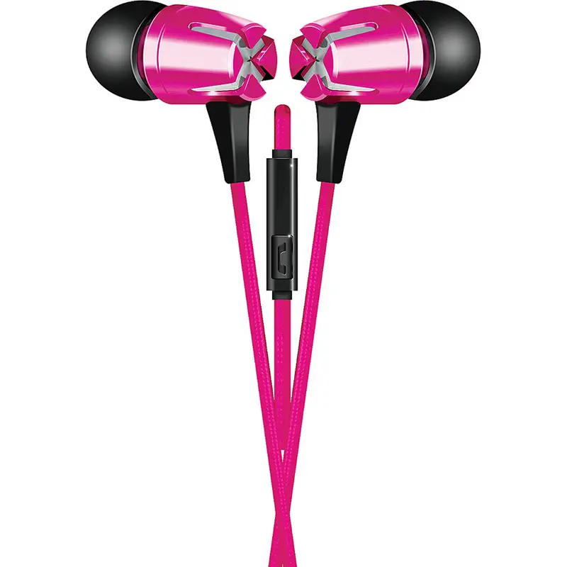 Tangle-Free Fabric Cable Metal Stereo Earbuds, Pink 1