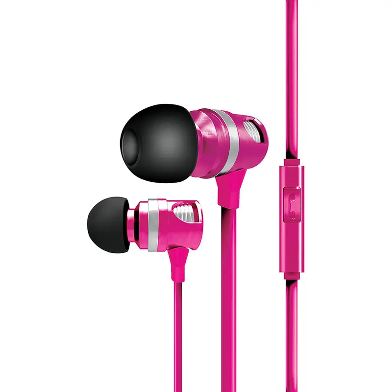 Tangle-Free Flat Cable Metal Stereo Earbuds, Pink 1