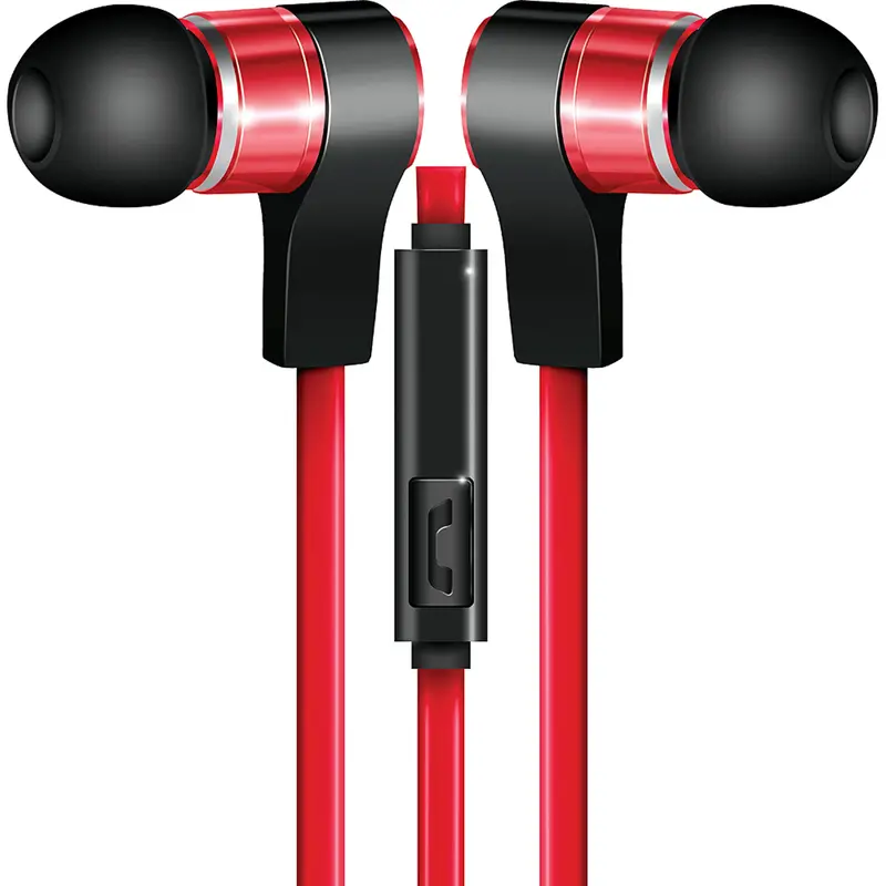 Tangle-Free Flat Cable Metal Stereo Earbuds, Red 1