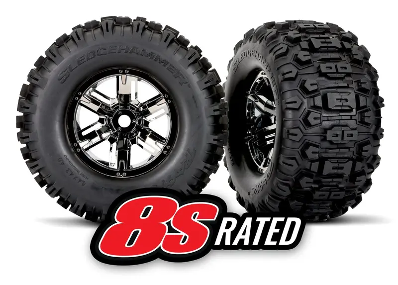 Traxxas Glued X-Maxx Black Chrome Wheels With Sledgehammer Tires 1