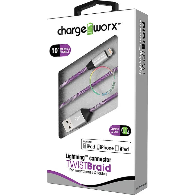 "Twist" Braid 10Ft Lightning  Sync & Charge Cable, Violet 1