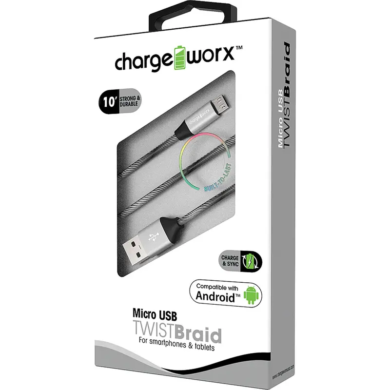 "Twist" Braid 10Ft Micro Usb  Sync & Charge Cable, Black 1