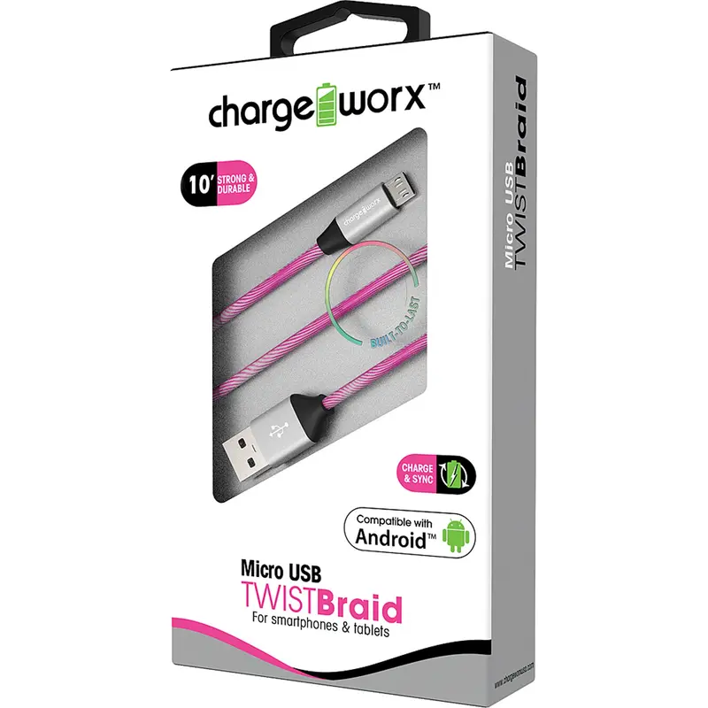 "Twist" Braid 10Ft Micro Usb  Sync & Charge Cable, Pink 1