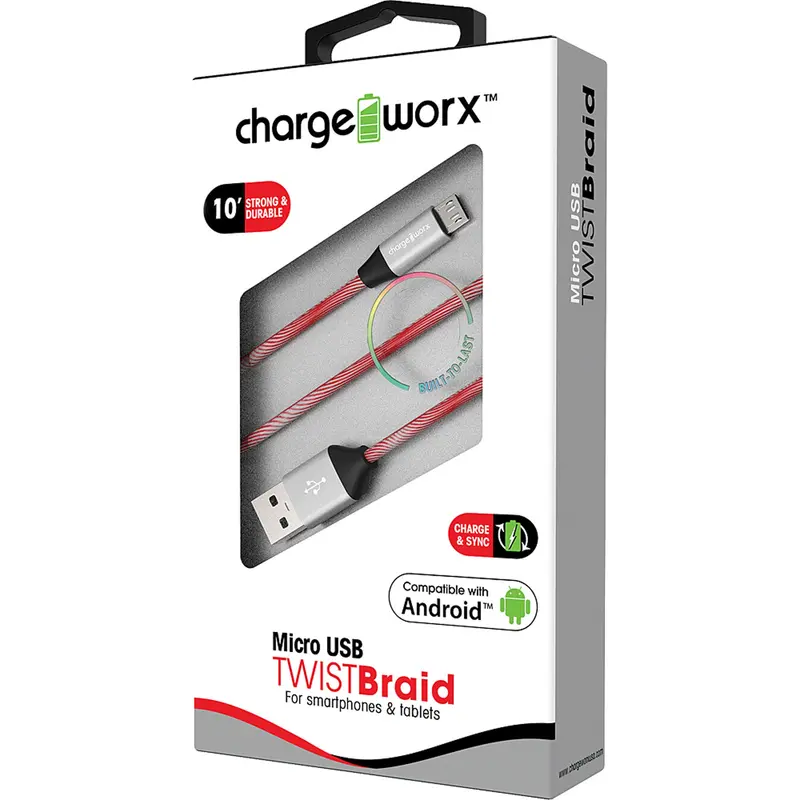 "Twist" Braid 10Ft Micro Usb  Sync & Charge Cable, Red 1