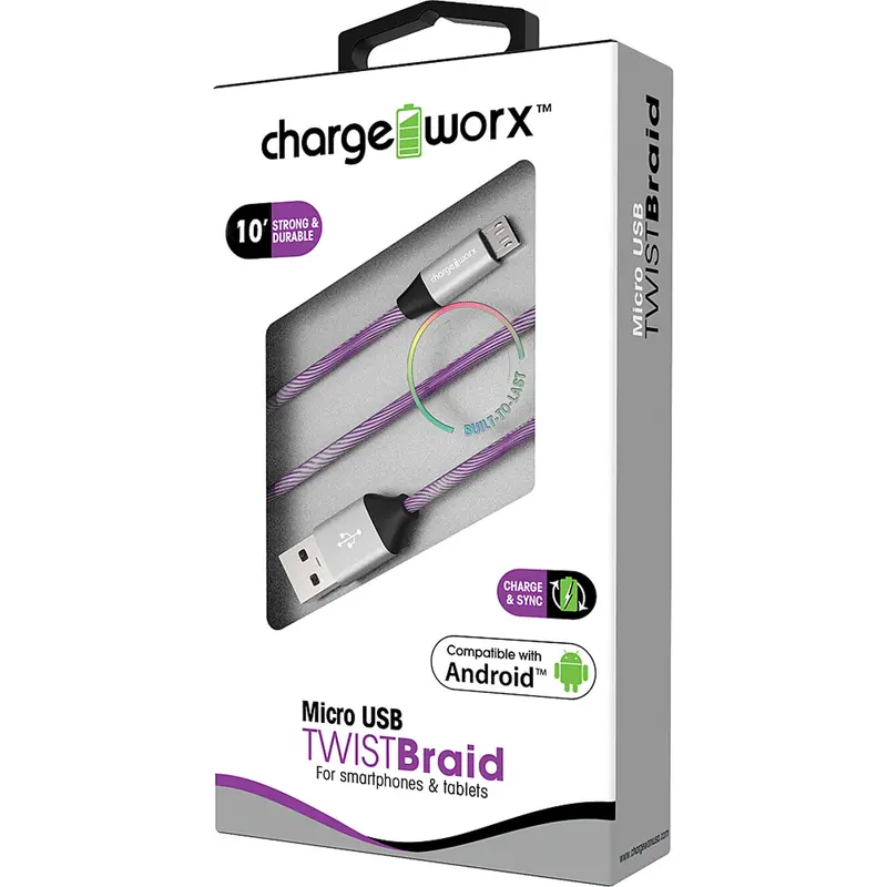 "Twist" Braid 10Ft Micro Usb  Sync & Charge Cable, Violet 1