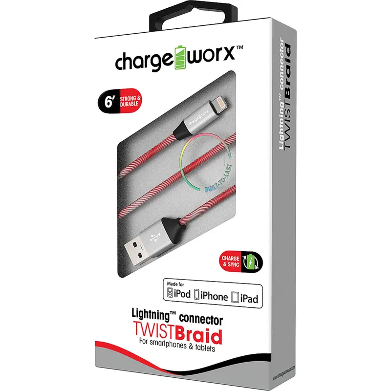 "Twist" Braid 6Ft Lightning  Sync & Charge Cable, Red 1