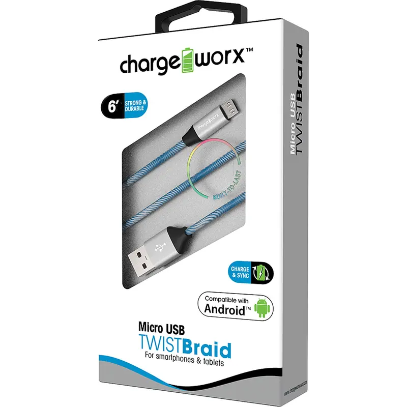 "Twist" Braid 6Ft Micro Usb  Sync & Charge Cable, Blue 1
