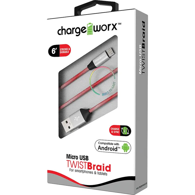 "Twist" Braid 6Ft Micro Usb  Sync & Charge Cable, Red 1