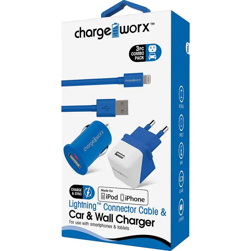 Usb Wall + Car Chargers & Lightning® Connector Cable, Blue 1