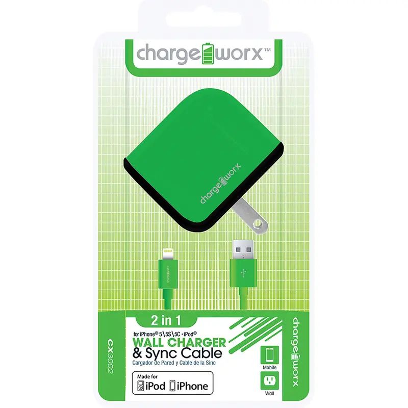 Usb Wall Charger & Sync Cable For Iphone 5/5S/5C, 6/6Plus, Green 1